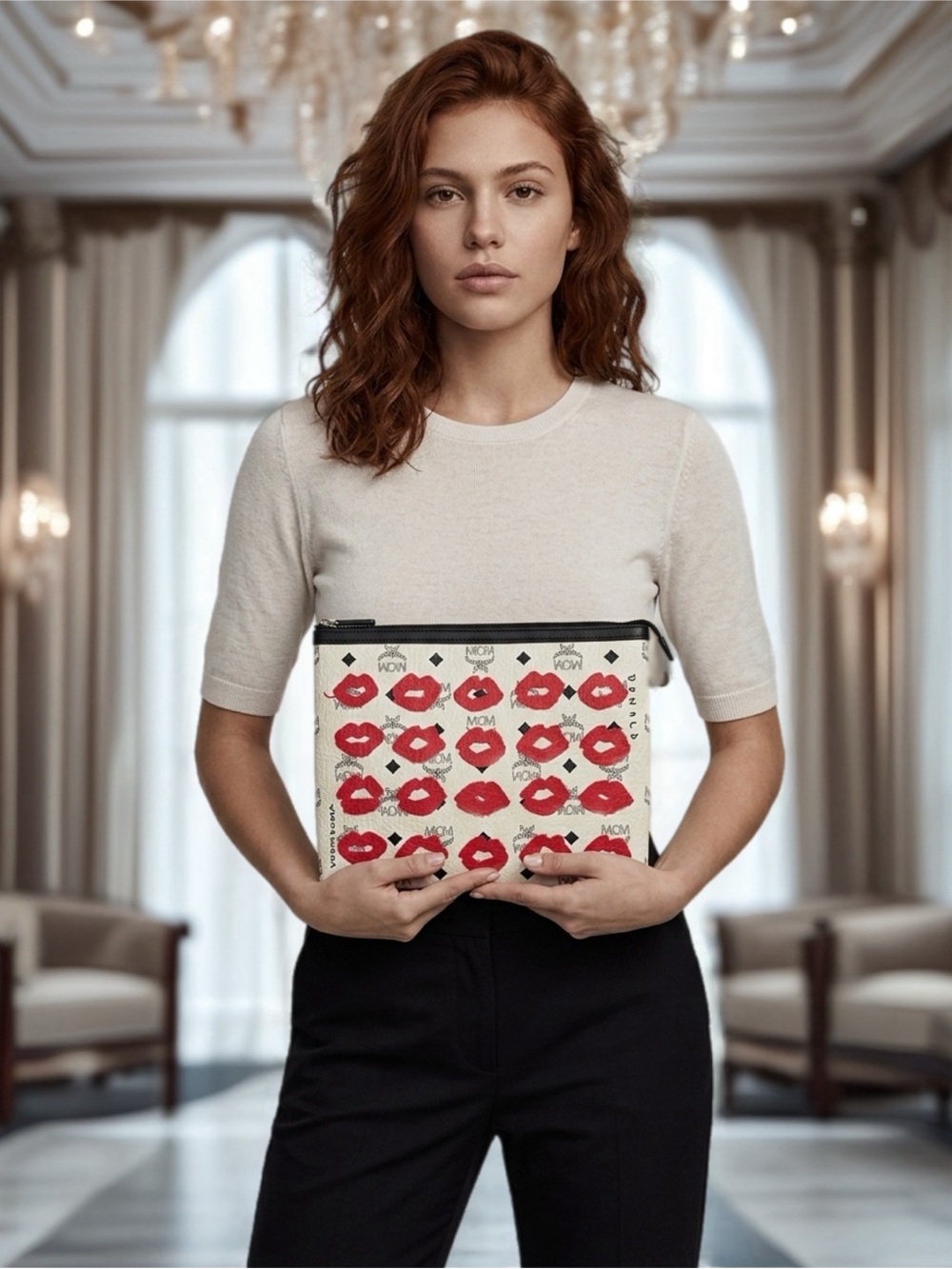 MCM Cream Zip Pouch with Red Kiss Print 💋 - Picture 1 of 7